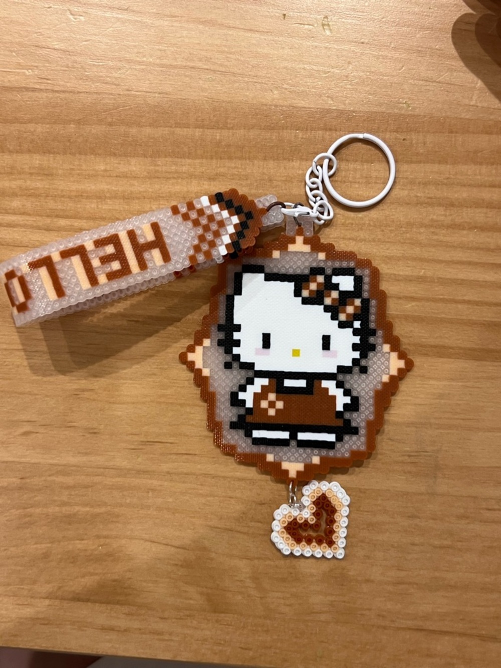 Handmade Perler Bead Hello Kitty Keychain Brown Outfit w Heart Price Firm NEW - Picture 3 of 4
